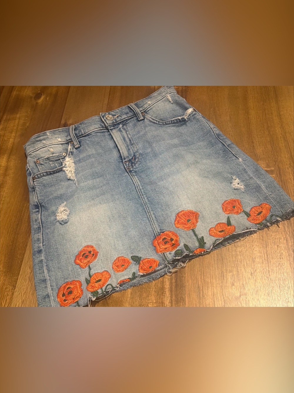 Mother Superior Straight A Fray Quite Contrary Embroidered Poppy Denim Skirt 23